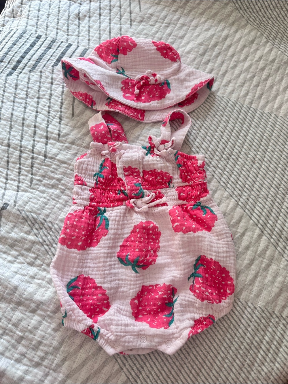 Jessica Simpson Pink Strawberry Bubble Romper with Matching Hat